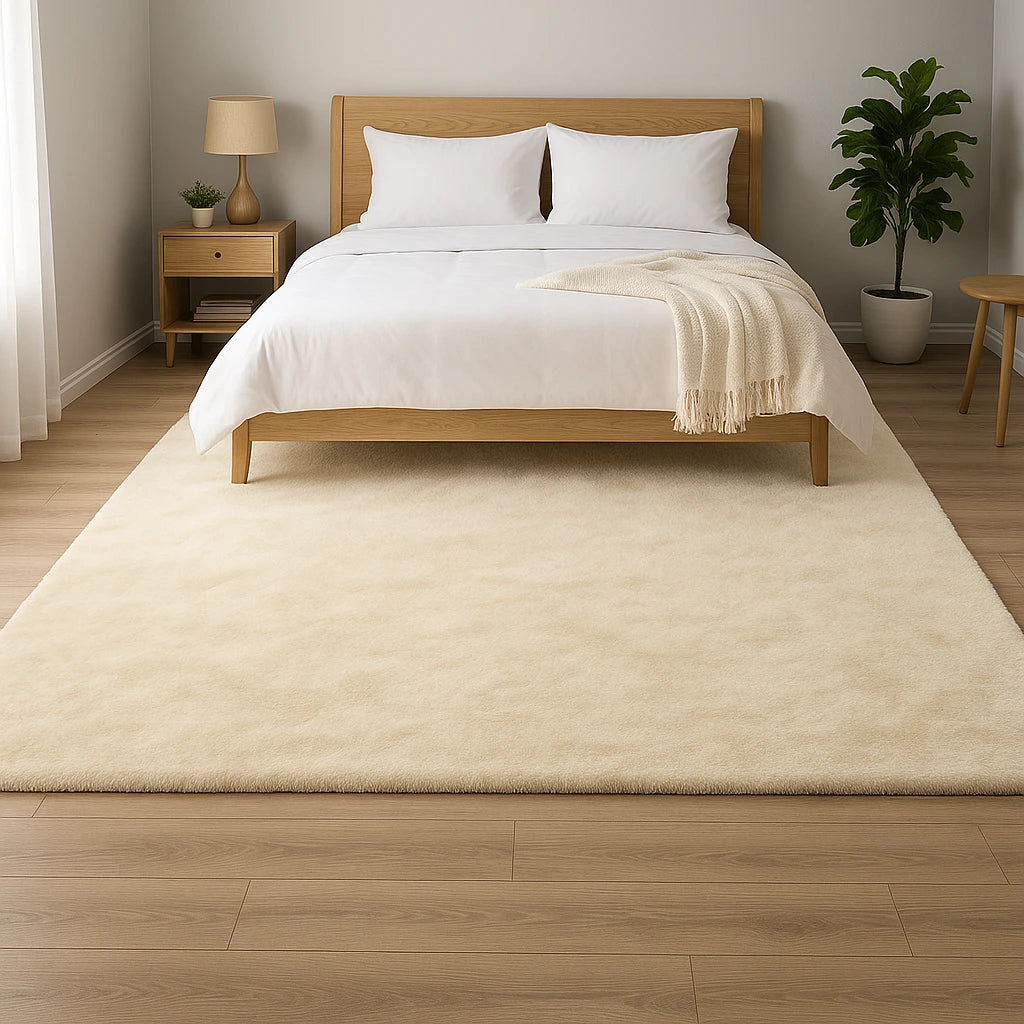 Beiger Teppich teilweise unter einem Bett liegend, im Schlafzimmer